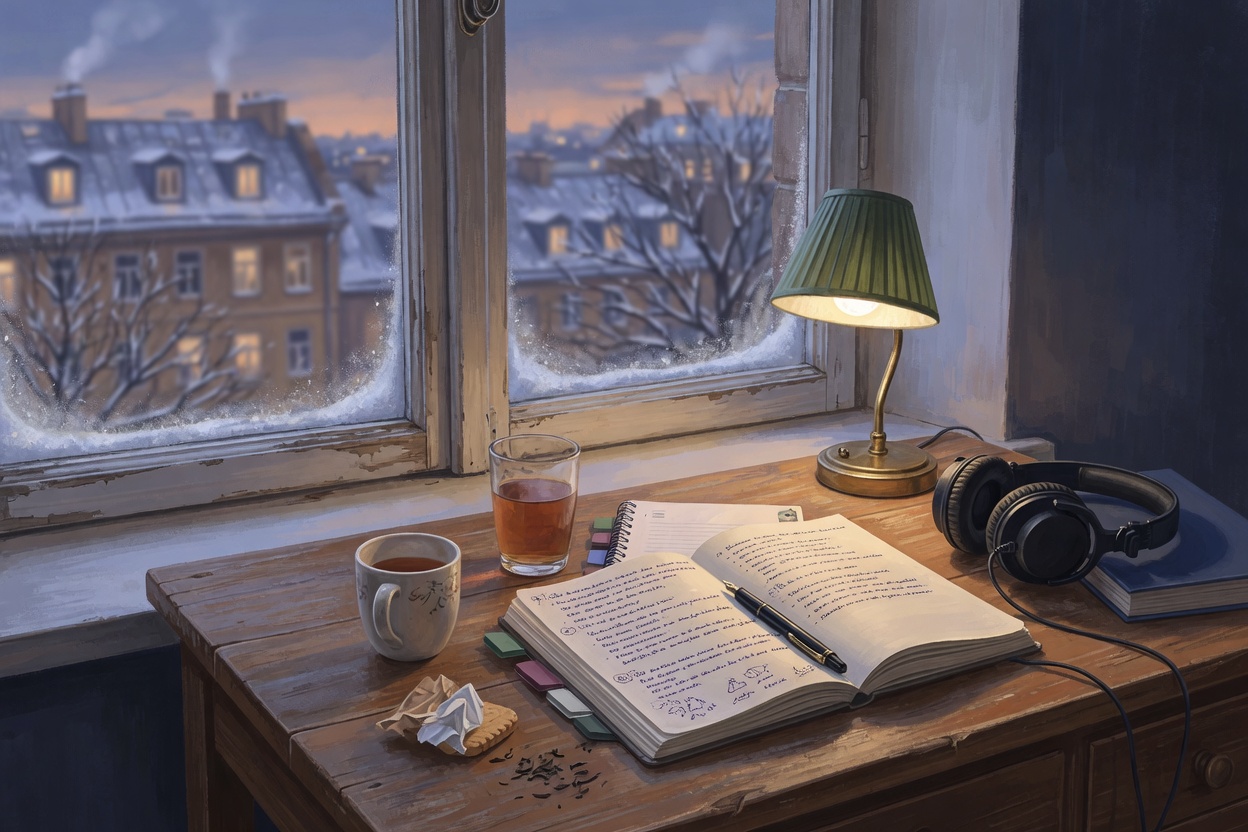An editorial illustration of an evening classroom window seen from a desk with a slow-audio player and a cloud document, suggested only as winter light.