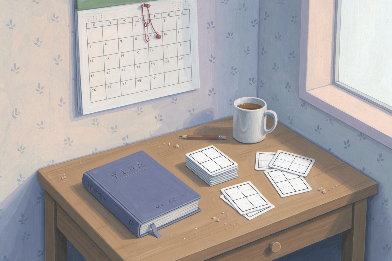 An editorial illustration of a small apartment desk in Japan with a textbook, kanji cards, and a wall calendar.