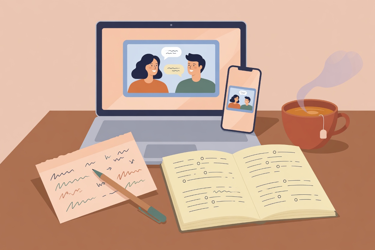 An editorial illustration of a small desk with a phone in a video call, a small card with a few scribbled words, and an open notebook with short tidy lines.