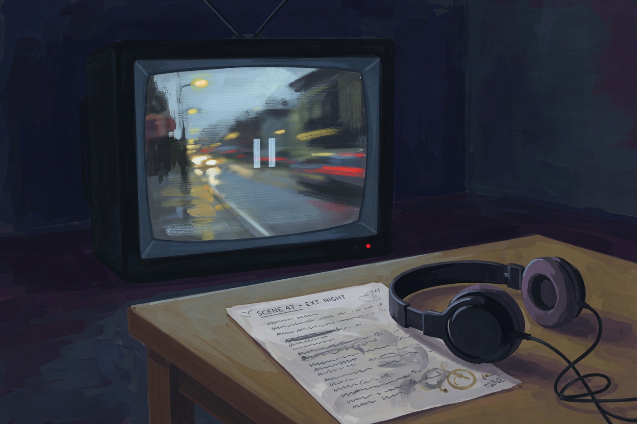 An editorial illustration of a television paused on a blurred street scene, with a script page and headphones on a low table.