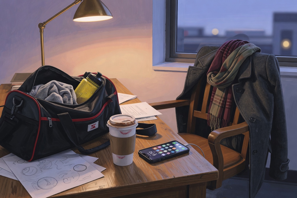 An editorial illustration of a gym bag, a coffee cup, and a phone of flashcards on an office desk at dusk.