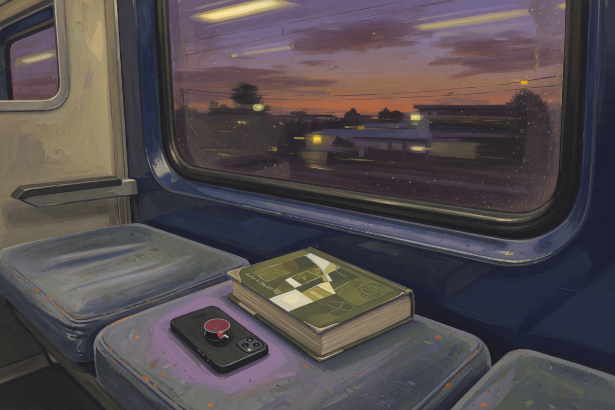 An editorial illustration of a train window at dusk, a phone showing a talking head out of focus, and a closed textbook on the empty seat.