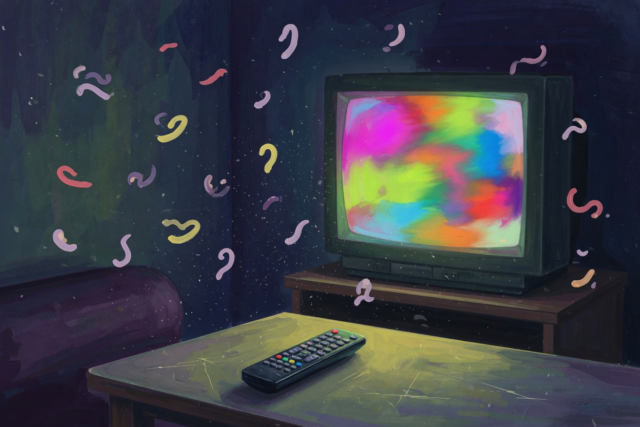 An editorial illustration of a dim room lit by a television, with tone marks floating like musical notes above a remote.