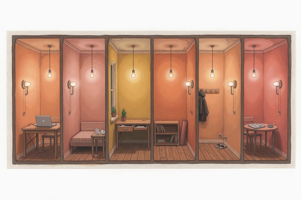 An editorial illustration of six adjoining rooms lit at different warmths, with a paused video on a laptop in the first room.