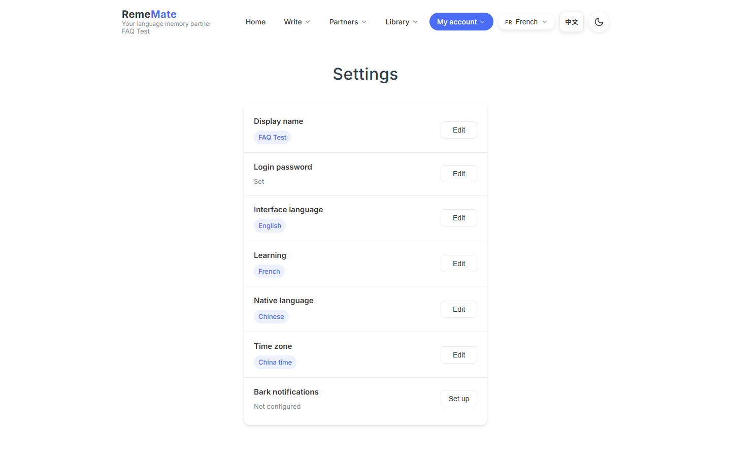 Settings language section showing UI language and learning languages