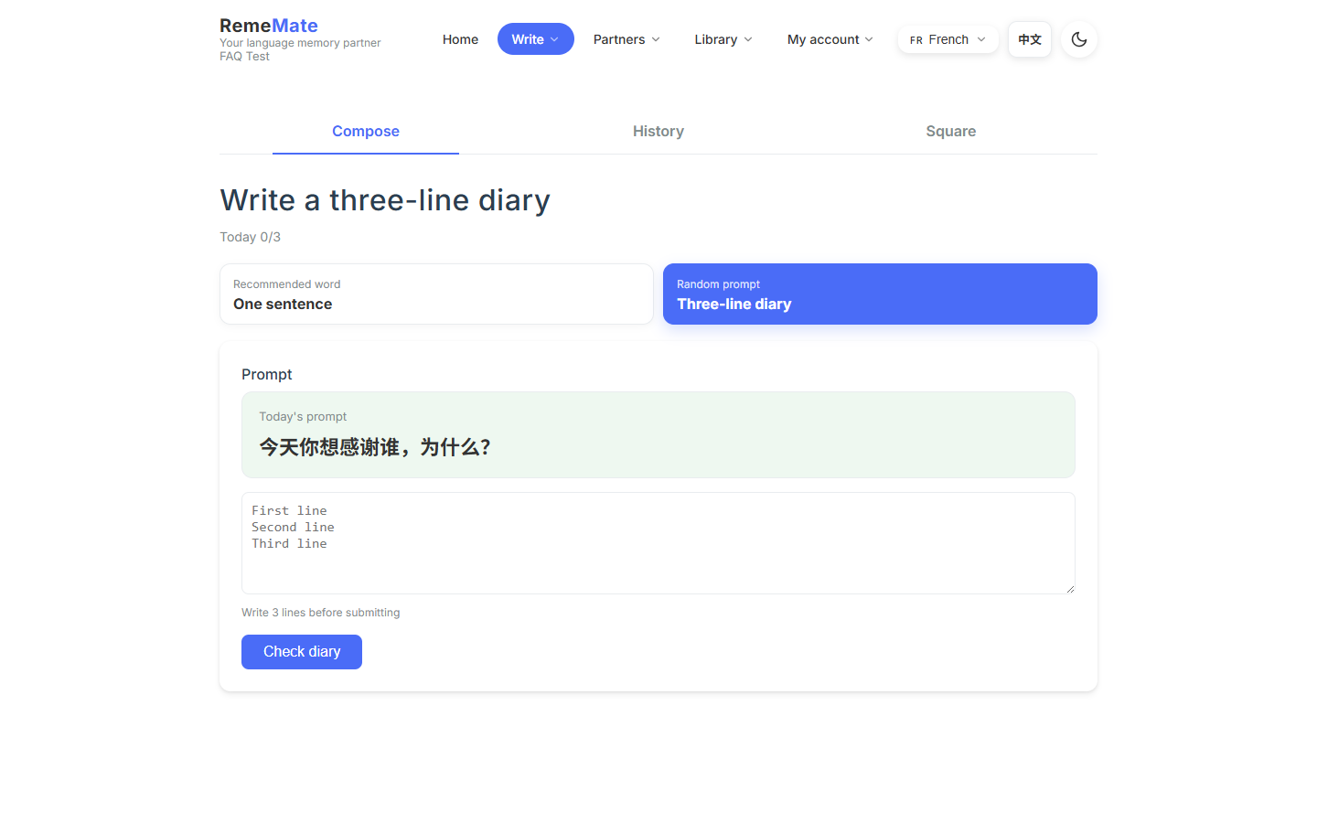 Three-line diary with prompts